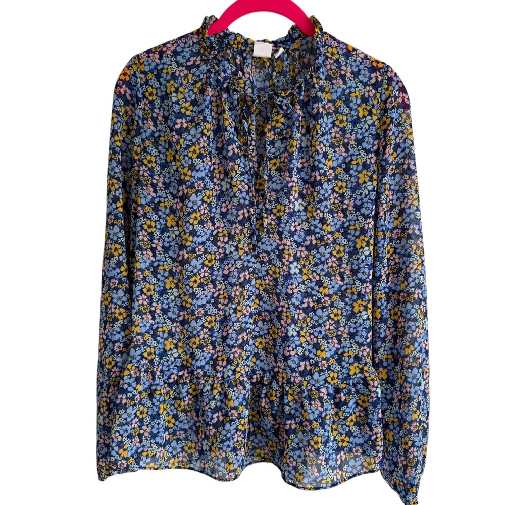 GAP Blue Multicolor Floral Semi Sheer Peplum Long Sleeve Ladies Ruffled Blouse,S